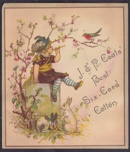J&P Coats's Beast Six-Cord Thread trade card girl plays music to robin - Picture 1 of 1