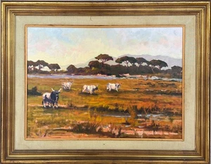 Öl auf Leinwand Maremma Landschaft mit Ochsen auf der Weide - Toskanische Schule 20. Jahrhundert - Bild 1 von 10
