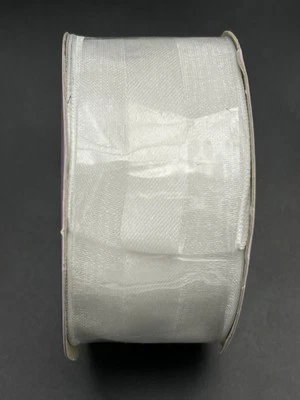 Paper Mart 1-1/2" x 10yd White Wired Sheer w/ Satin Middle Ribbon Roll NEW - Image 1 of 3