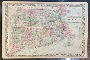 Antique County Map of Massachusetts, Connecticut & Rhode Island, 1880, 23"x15" - Picture 1 of 2