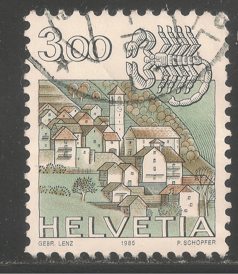 Switzerland #727 VF USED - 1985 3fr Scorpio and City View Of Corippo - Image 1 of 1
