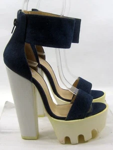BLUE denim 6"BLOCK HEEL 2"platform ankle strap PEEP TOE WOMEN Size 6 - Picture 1 of 8