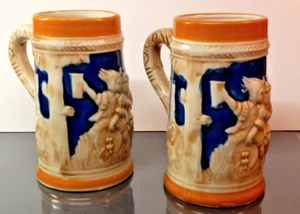 Pre-War Japan F.W. Woolworths German Beer Steins Cobalt Glaze w/Raised Images - Picture 1 of 11