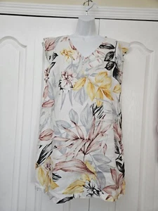 Women's C&C Linen Medium Dress Ruffle Sleeve Cream Yellow Pink Flowers - Picture 1 of 11