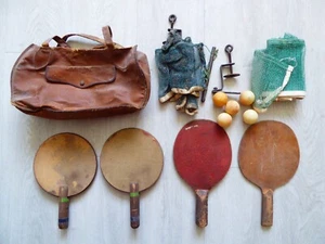 Vintage Table Tennis Set Bats, Nets, Balls Bundle in Leather Bag Prop Mancave - Picture 1 of 2