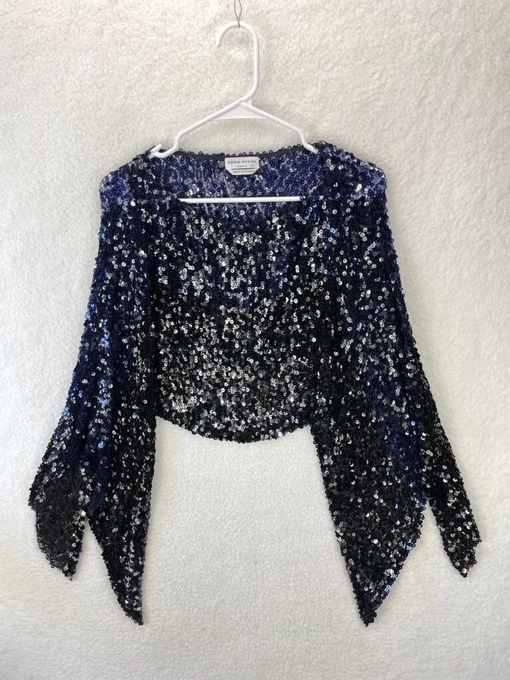 Poncho para mujer Sonia Rykiel negro azul marino tejido lentejuelas capa hecho en Francia $1,480 Foto 1 de 4