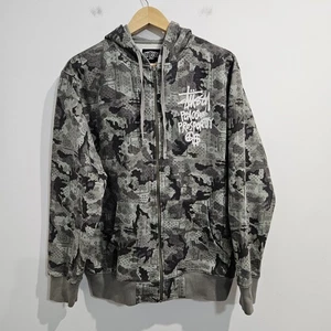 Vintage Stussy Peace and Prosperity Grey Paisley Camo Hoodie Size Large Full Zip - Foto 1 di 14