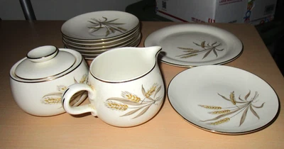 Lote Homer Laughlin Cunningham Pickett Wheat Spray Platos Crema Azúcar Oro 22kt Foto 1 de 4