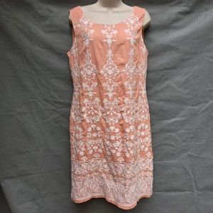 Talbots Size 10 Orange Pink Peach Sleeveless Sheath Dress Cotton Embroidered - Picture 1 of 6