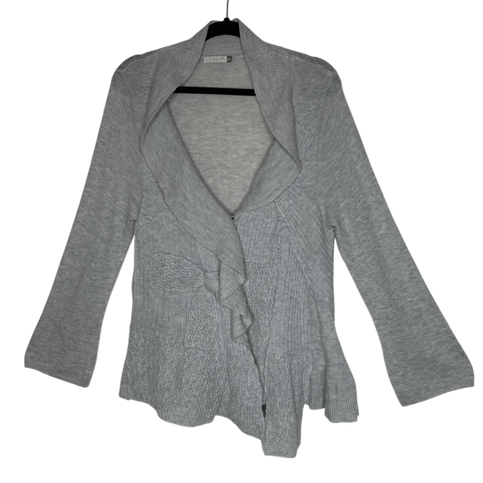 Cárdigan Suéter Chalet Gris Mezcla Lana Volantes Mezcla Puntada Detalle Lazo Talla XL Foto 1 de 4