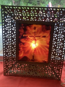 Vintage Jesus Christus beleuchtet linsenförmiges Hologramm filigran gerahmtes Bild - Bild 1 von 15