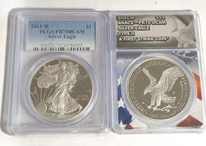2011-w and 2021-w American Silver Eagles Graded PR70DCAM By PCGS and ANACS - Picture 1 of 13