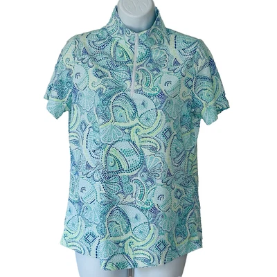 IBKUL Mock Neck Top Size M Green Blue Short Sleeves Performance Lightweight - Image 1 of 4