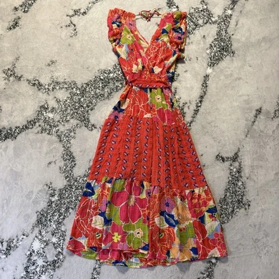Figueroa & Flower 连衣裙女式 M 码红色多色花卉印花分层长裙 — 第 1/4 张图片