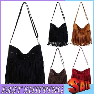 Women Vintage Messenger Bag Suede Leather Fringe Satchel Bag Western Cowgirl Bag - Picture 1 of 24