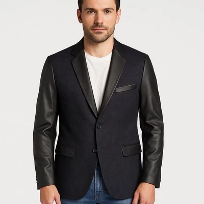 Blazer Saks Fifth Avenue Trim Fit XL mangas de cuero sintético negro gris forrado a cuadros Foto 1 de 4