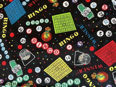 4 yds Shamash & Sons BINGO Card Cotton Fabric Multicolor on Black Casino #110 - Image 1 of 3