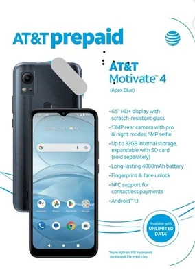 New - AT&T Prepaid Smartphone - Motivate 4 - 32GB 6.5" 32GB - APEX BLUE - SL112A - Image 1 of 4