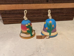 PAIR ~ HAND PAINTED Small Pottery Wind Chime Bell Southwest Style VINTAGE - Picture 1 of 5