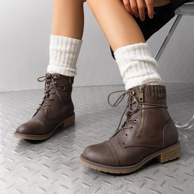 Women Ankle Boots Round Toe Low Heel Lace Up Side Zipper Military Combat Boots - Image 1 of 4