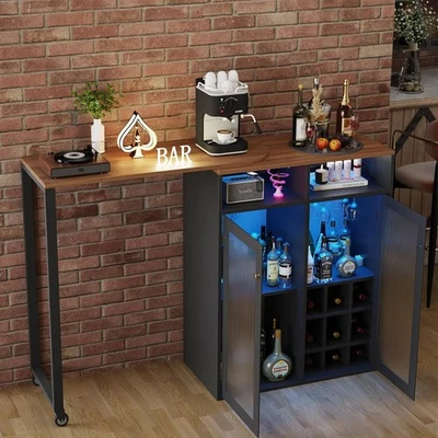 L-Shaped Home Bar Cabinet with LED Lights & Power Outlets, Wine Storage & Shelve - Image 1 of 4