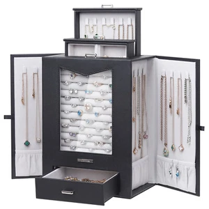 Großes Schmuckkästchen/Organizer/Etui schwarz mit Glasfenster Schubladen für Damen - Bild 1 von 8