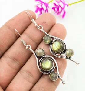 Labradorite Gemstone Earrings Handmade 925 Sterling Silver Fine Jewelry For Wife - Picture 1 of 4