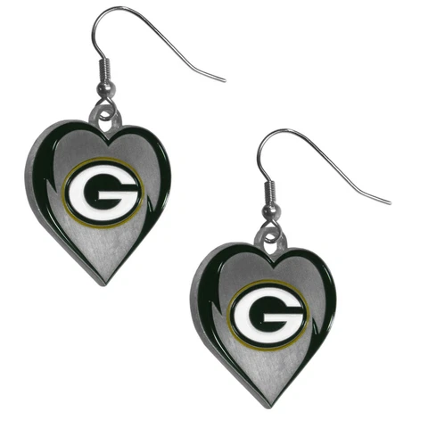 Green Bay Packers Heart Dangle Earrings NFL Football Licensed Jewelry Cover
