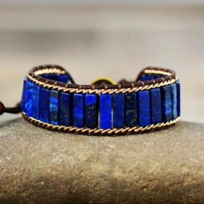 Natural Lapis Lazuli Stone Tube Beaded Bracelet Adjustable Braided Bracelet - Image 1 of 4