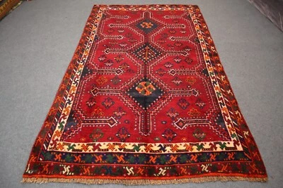 5x8 Red Afghan Vintage Caucasian Design Rug- 1960s Antique Handmade Oriental Rug - Image 1 of 4