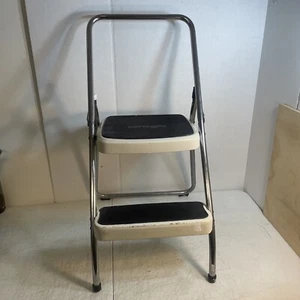 Vintage Cosco Folding Two Step Stool Metal Creamy White & Chrome MCM Kitchen - Picture 1 of 18