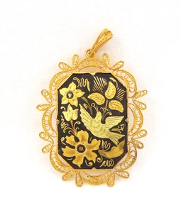 Ciondolo vintage antico DAMASCENO filigrana oro e nero inciso uccellino e fiori - Foto 1 di 8