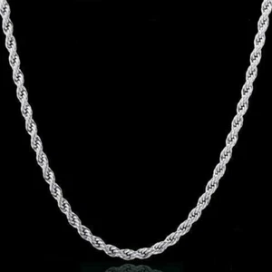 14K White Gold Plated Rope Chain Mens and Women's Necklace - Picture 1 of 7