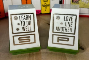 Vintage Plastic Salt Pepper Shakers, Gold White Green, "Love One Another" 3.5" - Picture 1 of 8