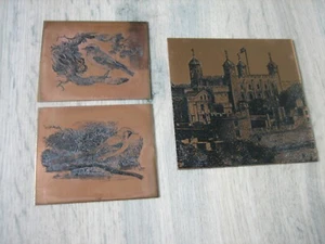 3 Ancienne matrice plaque d'impression en cuivre gravé Oiseaux & Château - Picture 1 of 10