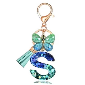 JINGUAZI Initial letter Keychains for Women Tassel Butterfly Pink S-blue Green - Picture 1 of 7
