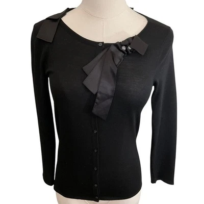Elie Tahari Womens XS Black Sweater Bow Button Front Long Sleeve Cardigan Top - Image 1 of 4