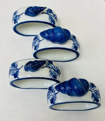 Juego de 4 servilleteros de porcelana Sea Shell Seashell azul y blanco Foto 1 de 3