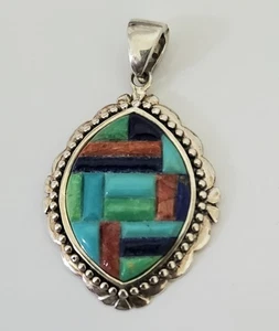 Sterling Silver 925 NOA Multi Color Stones Inlay Pendant - Picture 1 of 6