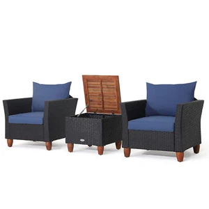3PCS Patio Rattan Conversation Set Outdoor Furniture Set w/ Navy Cushions - Picture 1 of 7