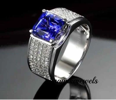 Anillo de boda para hombre de tanzanita azul creado en laboratorio de 3 quilates corte princesa oro blanco de 14 quilates FN Foto 1 de 4