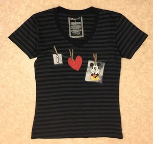 Disney Misses Sz S Black Stripe Short/S Cotton Blend Tee 'i Heart Mickey' - Picture 1 of 1
