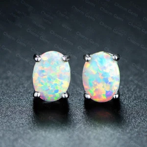 Mother's Day Jewelry Gift Oval Cut White Fire Opal Gems Silver Stud Earrings - Picture 1 of 6