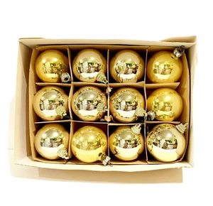 Vintage Christmas Tree Ornaments Gold Baubles Balls Round Set of 12 Box Holiday - Foto 1 di 4