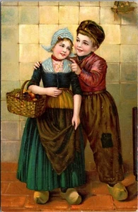Dutch Children LITTLE BOY & GIRL with Basket Postcard - Picture 1 of 2