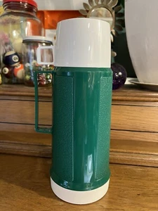 vintage insulated Thermos 12" tall w/ cup. green plastic outside, glass inside. - Picture 1 of 7