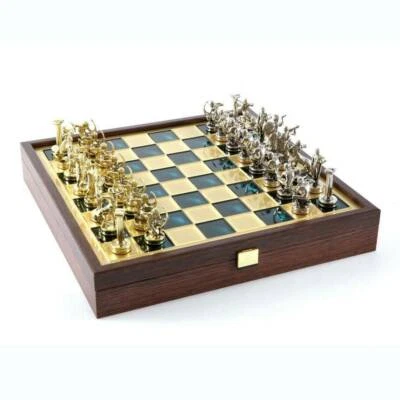 Manopoulos Hercules Chess Set - Brass Nickel Pawns - Green Wooden case Board - Image 1 of 4