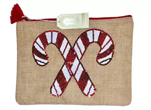 Mud Pie Christmas Dazzle Jute Sequin Candy Cane Case Tan Holiday Gift Carry-All - Picture 1 of 9