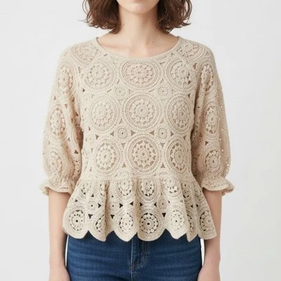 SOLITARIO Anthropologie Crochet Encaje Peplum Top Beige Manga Campana Boho M Coquett Foto 1 de 4