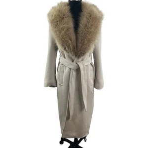 ZARA Long Wool Beige Coat Lined Knit Pockets Faux Fur Neck Back Slit Sz Medium M - Picture 1 of 12